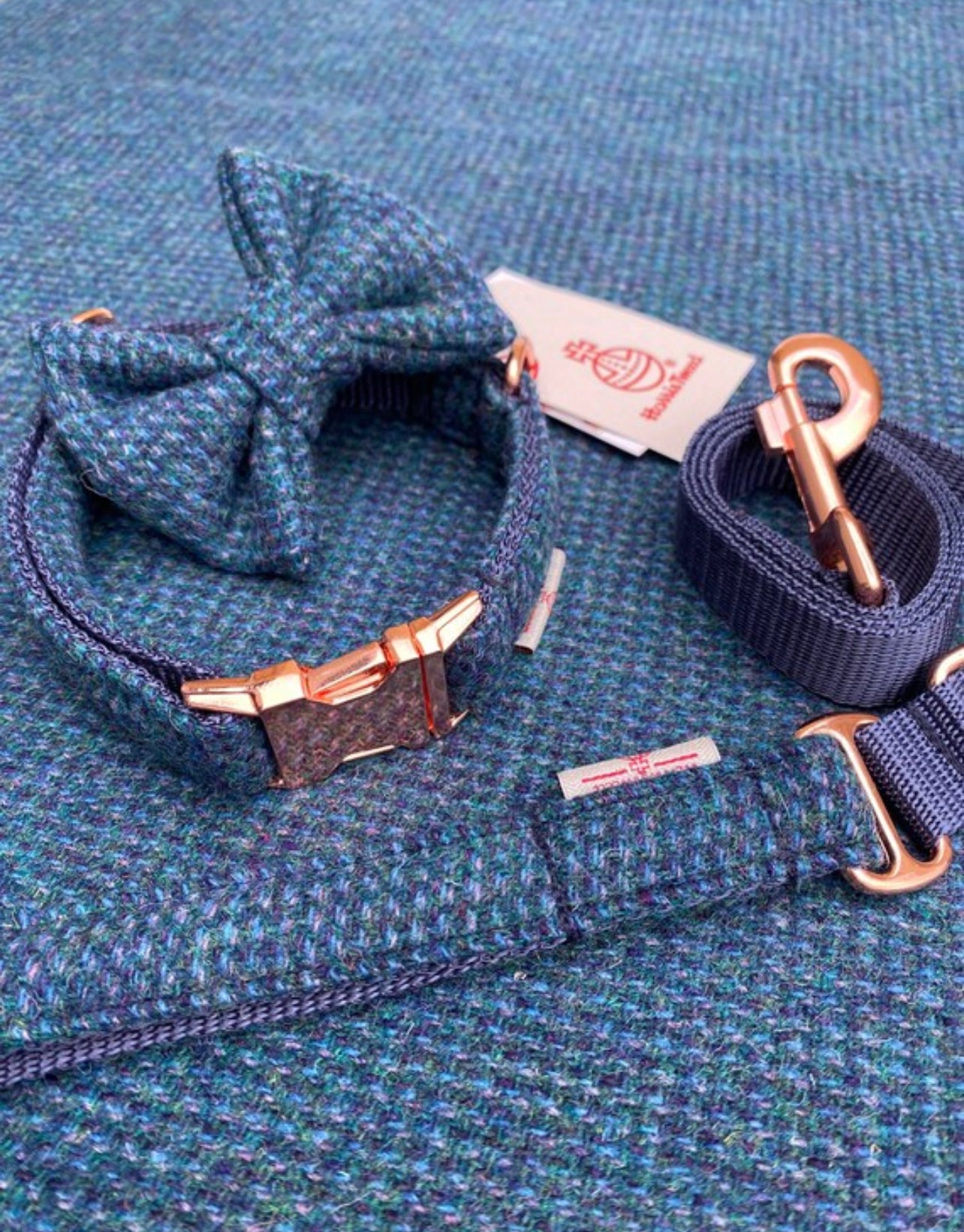 Harris Tweed® Blue Green Purple Dog Collar Bow & Lead Set Hunter & Co.