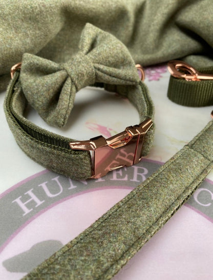 Green Tweed Dog Collar Bow & Lead Set Hunter & Co.