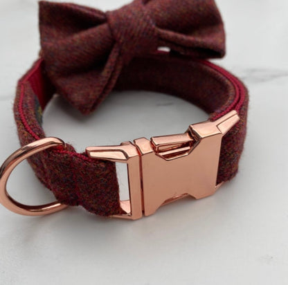 Dark Red Tweed Dog Collar Bow & Lead Set Hunter & Co.