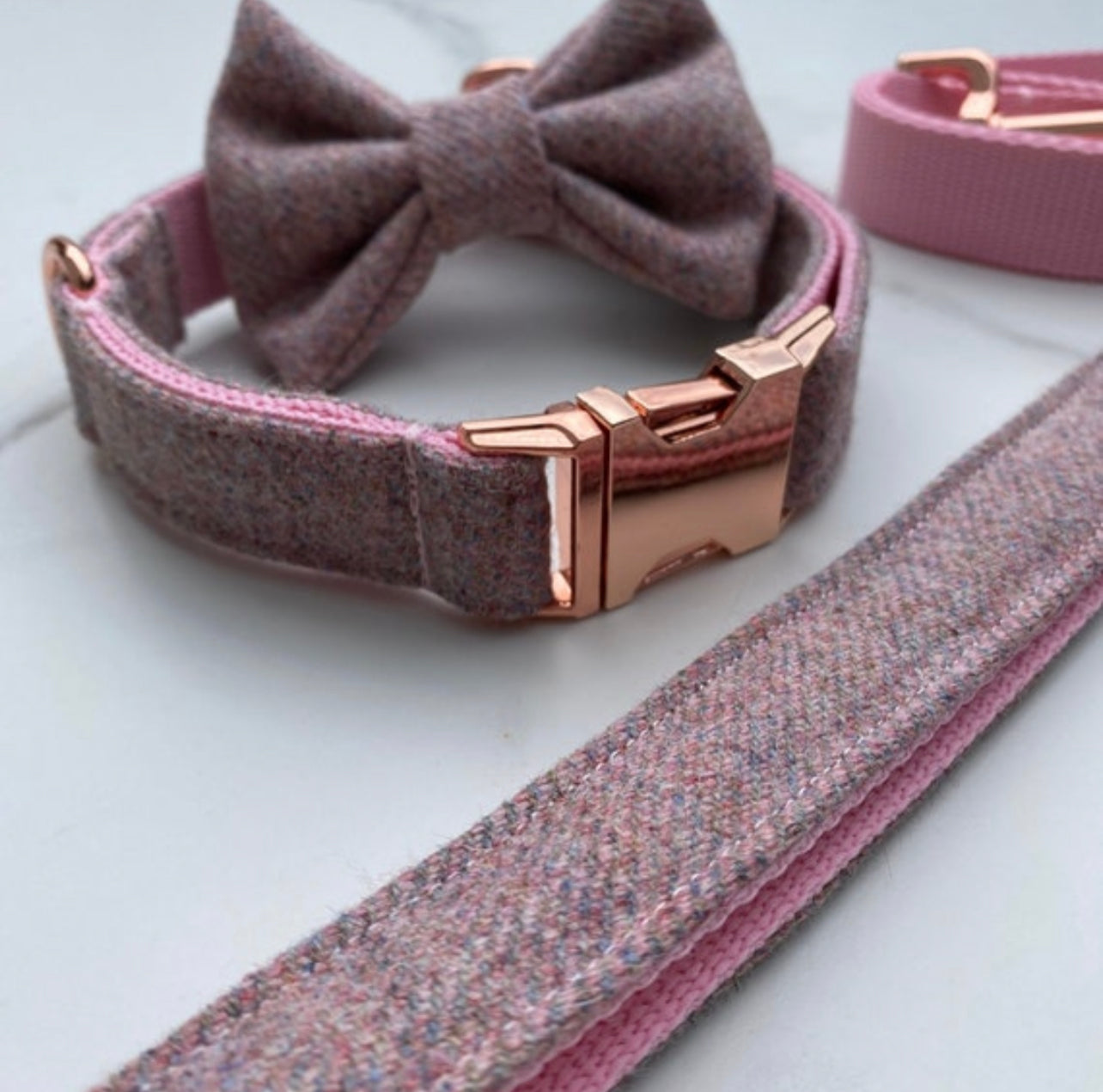 Blush Pink Tweed Dog Collar Bow & Lead Set Hunter & Co.