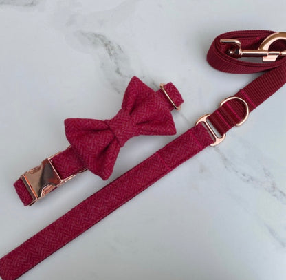 Candy Pink Red Tweed Dog Collar Bow & Lead Set Hunter & Co.