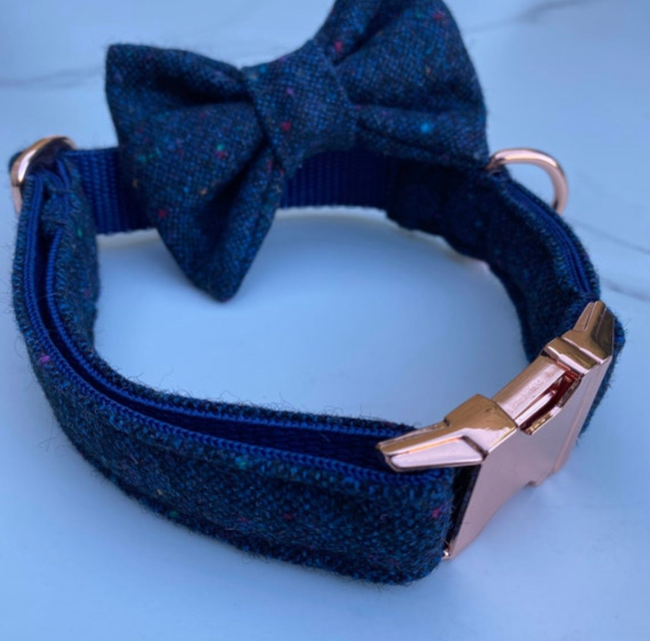 Cosmic Navy Blue Tweed Dog Collar Bow & Lead Set Hunter & Co.