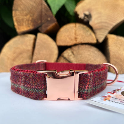 Dark Red Overcheck Tweed Dog Collar Bow & Lead Set Hunter & Co.