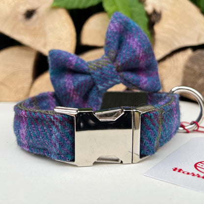 Harris Tweed® Blue Khaki Purple Dog Collar Bow & Lead Set Hunter & Co.