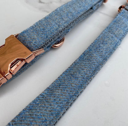 Baby Blue + Grey Tweed Dog Collar Bow & Lead Set Hunter & Co.