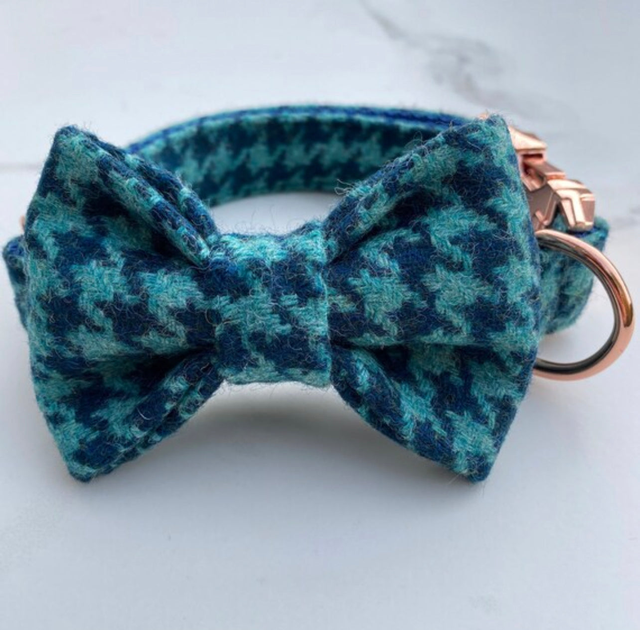 Turquoise Blue Dogtooth Tweed Dog Collar Bow & Lead Set Hunter & Co.