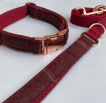 Dark Red Overcheck Tweed Dog Collar Bow & Lead Set Hunter & Co.