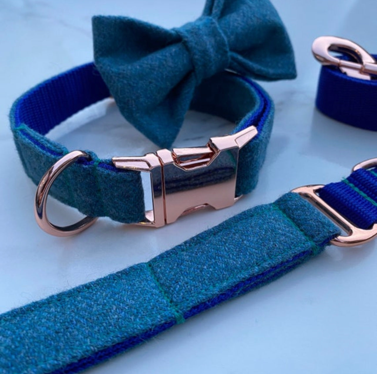 Aqua Marine Blue Tweed Dog Collar Bow & Lead Set Hunter & Co.