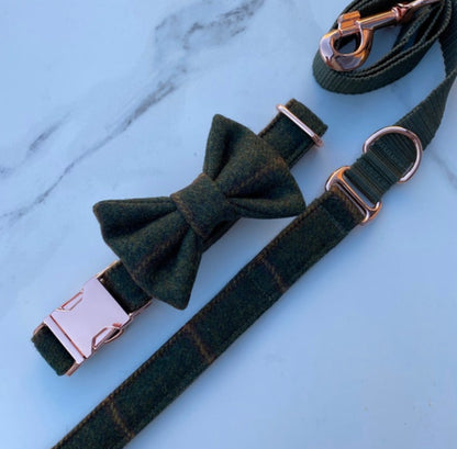 Green Tweed Dog Collar Bow & Lead Set Hunter & Co.