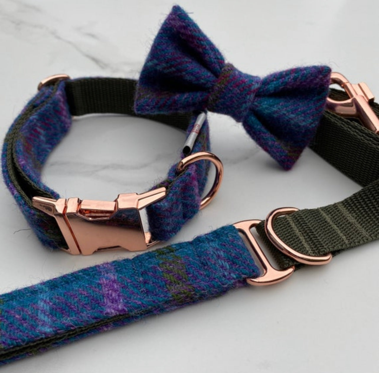 Harris Tweed® Blue Khaki Purple Dog Collar Bow & Lead Set Hunter & Co.