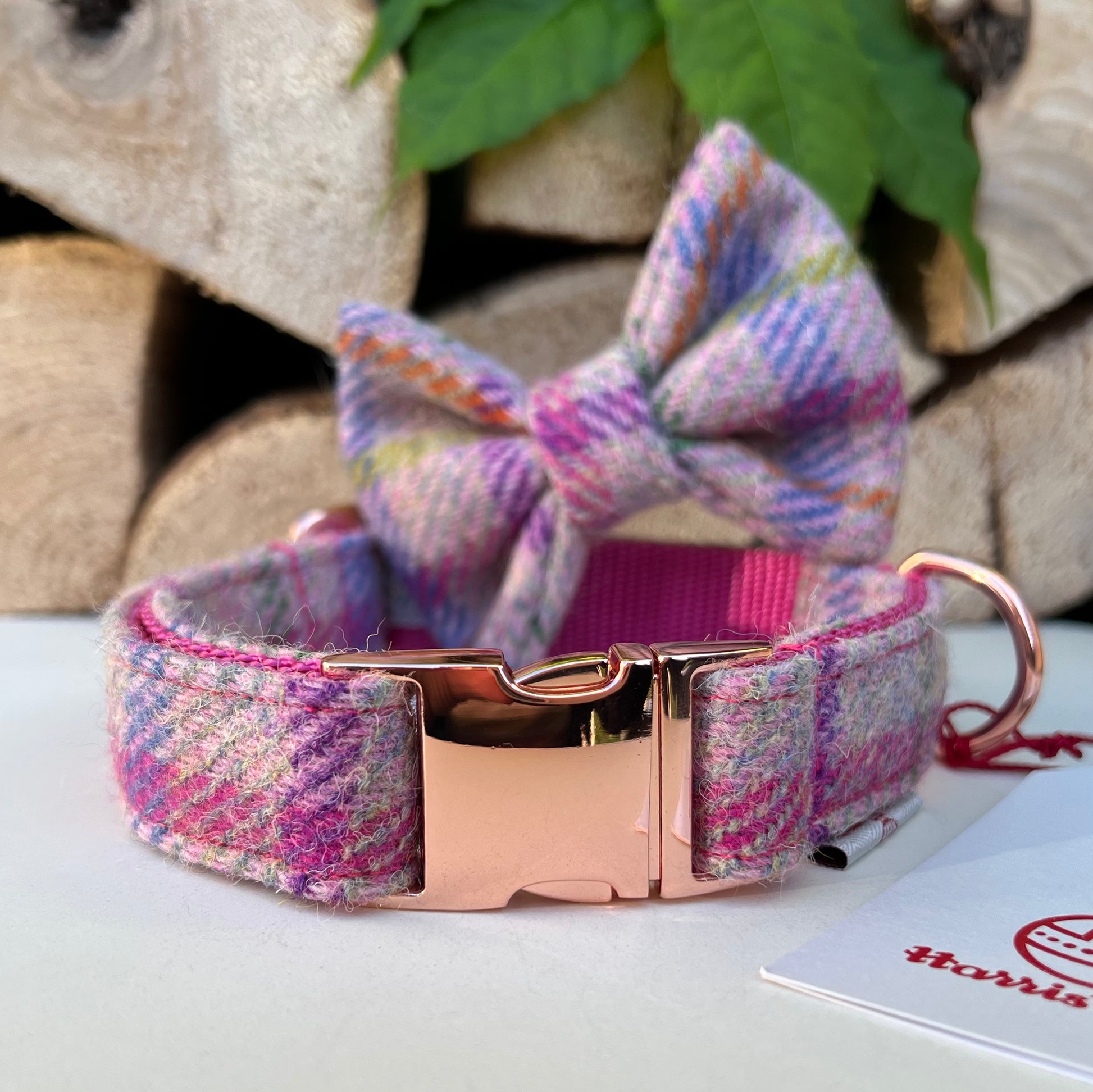 Harris Tweed Pastel Pink Dog Collar Bow Lead Set