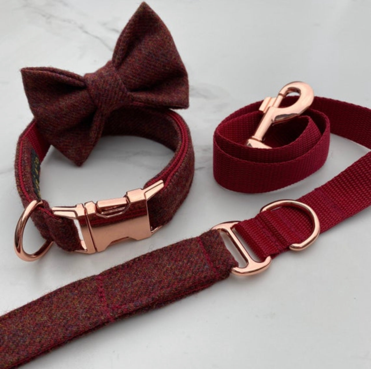 Dark Red Tweed Dog Collar Bow & Lead Set Hunter & Co.