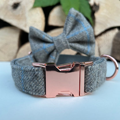 Soft Grey Blue Overcheck Tweed Dog Collar Bow & Lead Set Hunter & Co.