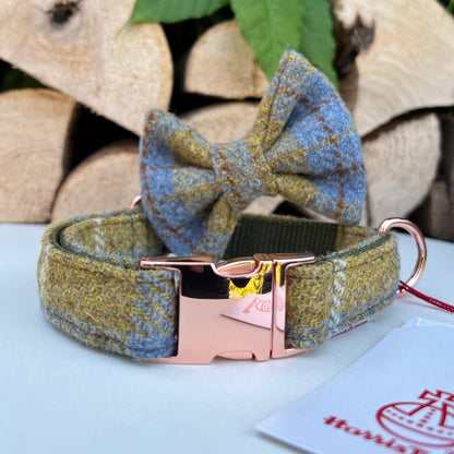 Harris Tweed® Mustard Blue Check Dog Collar Bow & Lead Set Hunter & Co.