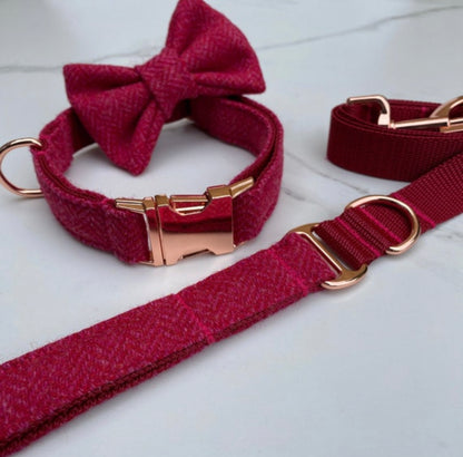 Candy Pink Red Tweed Dog Collar Bow & Lead Set Hunter & Co.