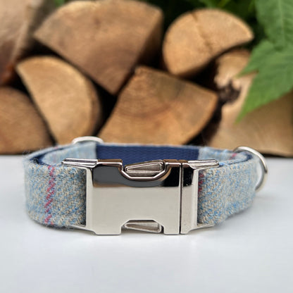 Periwinkle Blue, Grey Pink Tweed Dog Collar Bow & Lead Set Hunter & Co.