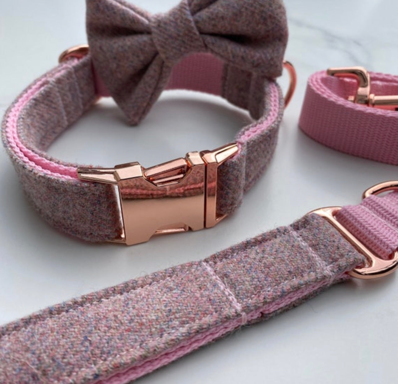 Blush Pink Tweed Dog Collar Bow & Lead Set Hunter & Co.