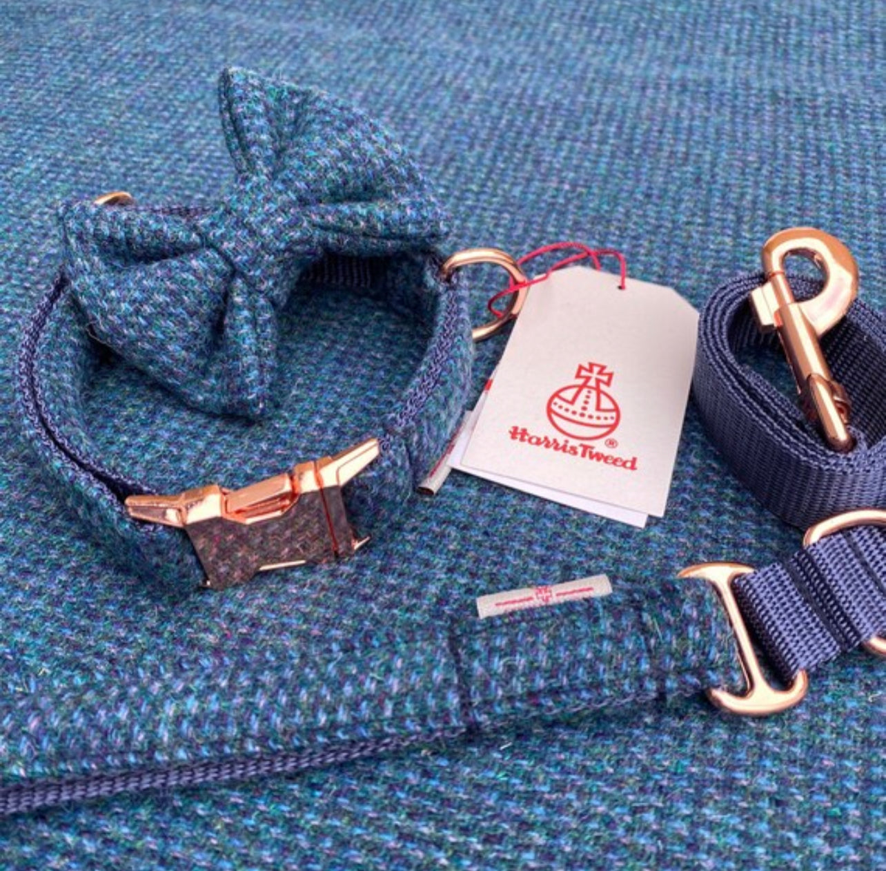 Harris Tweed® Blue Green Purple Dog Collar Bow & Lead Set Hunter & Co.