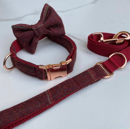 Dark Red Overcheck Tweed Dog Collar Bow & Lead Set Hunter & Co.