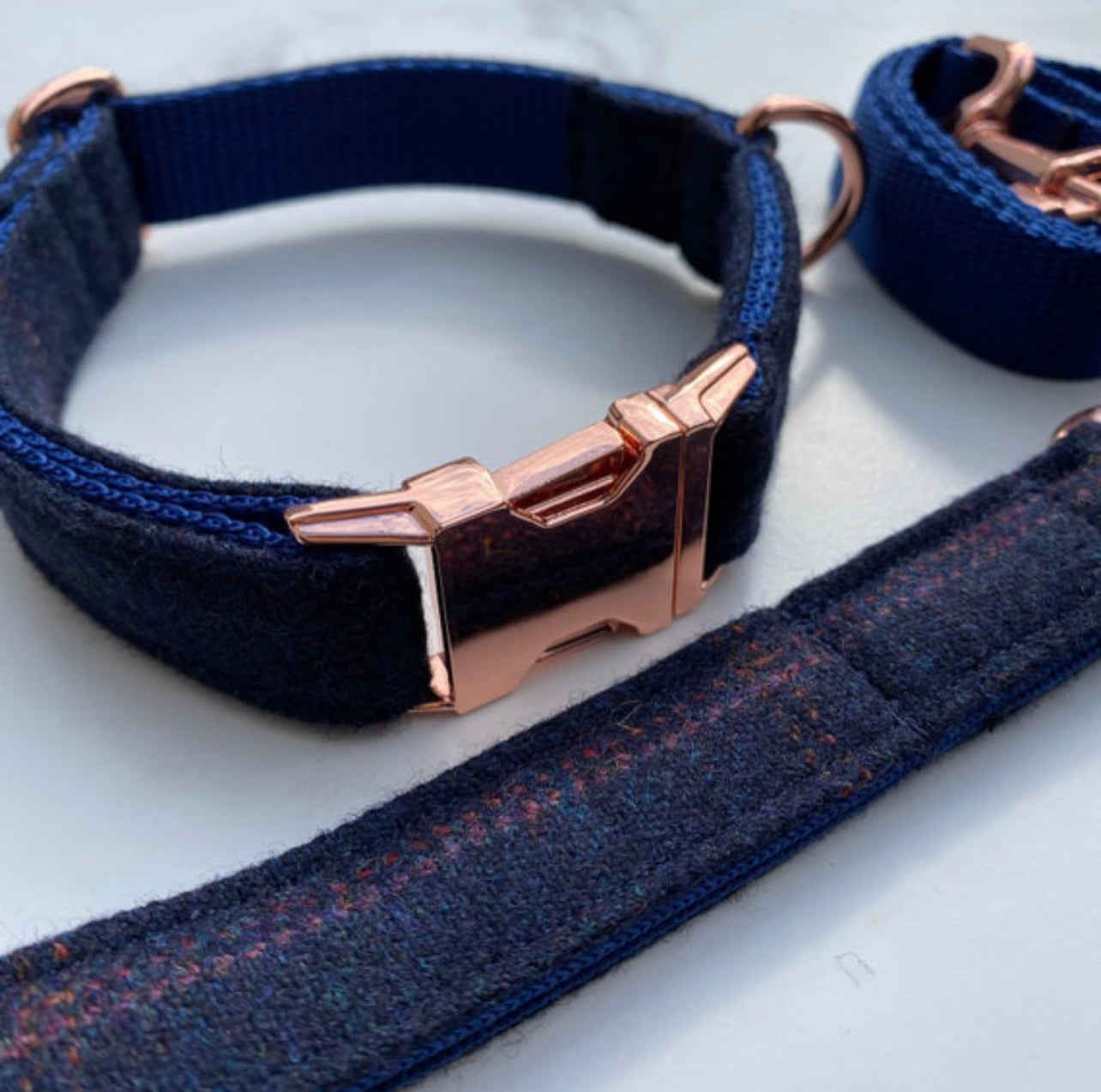 Navy Blue Tweed Dog Collar Bow & Lead Set Hunter & Co.