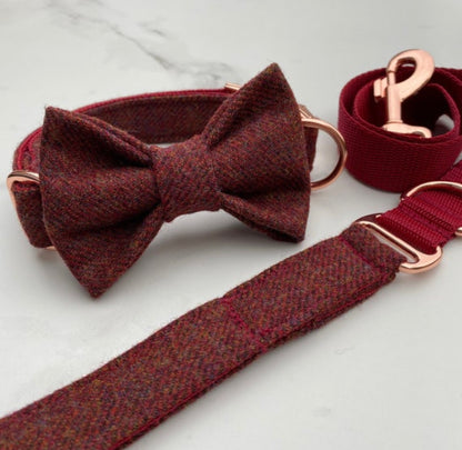 Dark Red Tweed Dog Collar Bow & Lead Set Hunter & Co.