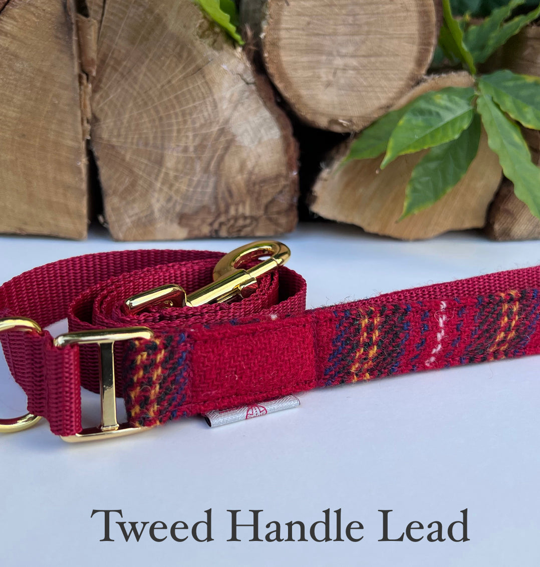 Harris Tweed® Red Tartan Check Tweed Dog Collar Bow & Lead Set Hunter & Co.