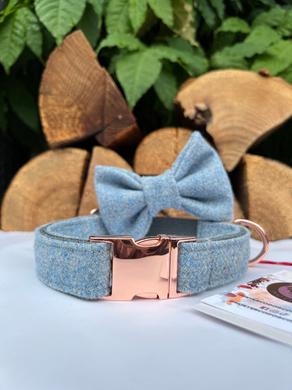 Baby Blue + Grey Tweed Dog Collar Bow & Lead Set Hunter & Co.