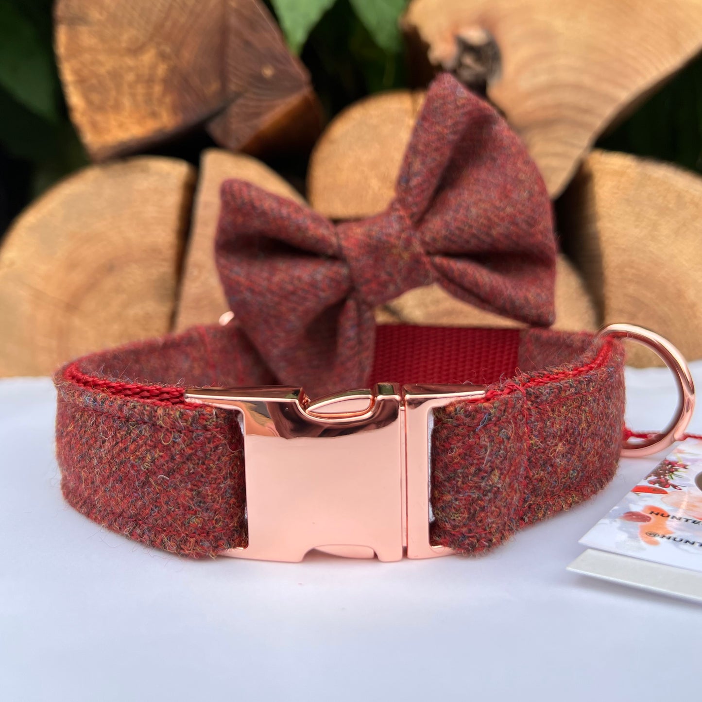 Dark Red Tweed Dog Collar Bow & Lead Set Hunter & Co.