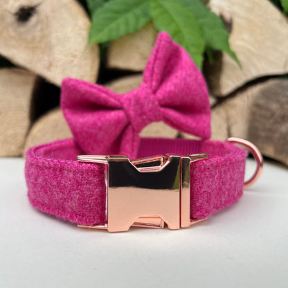 Bubblegum Pink Tweed Dog Collar Bow & Lead Set Hunter & Co.