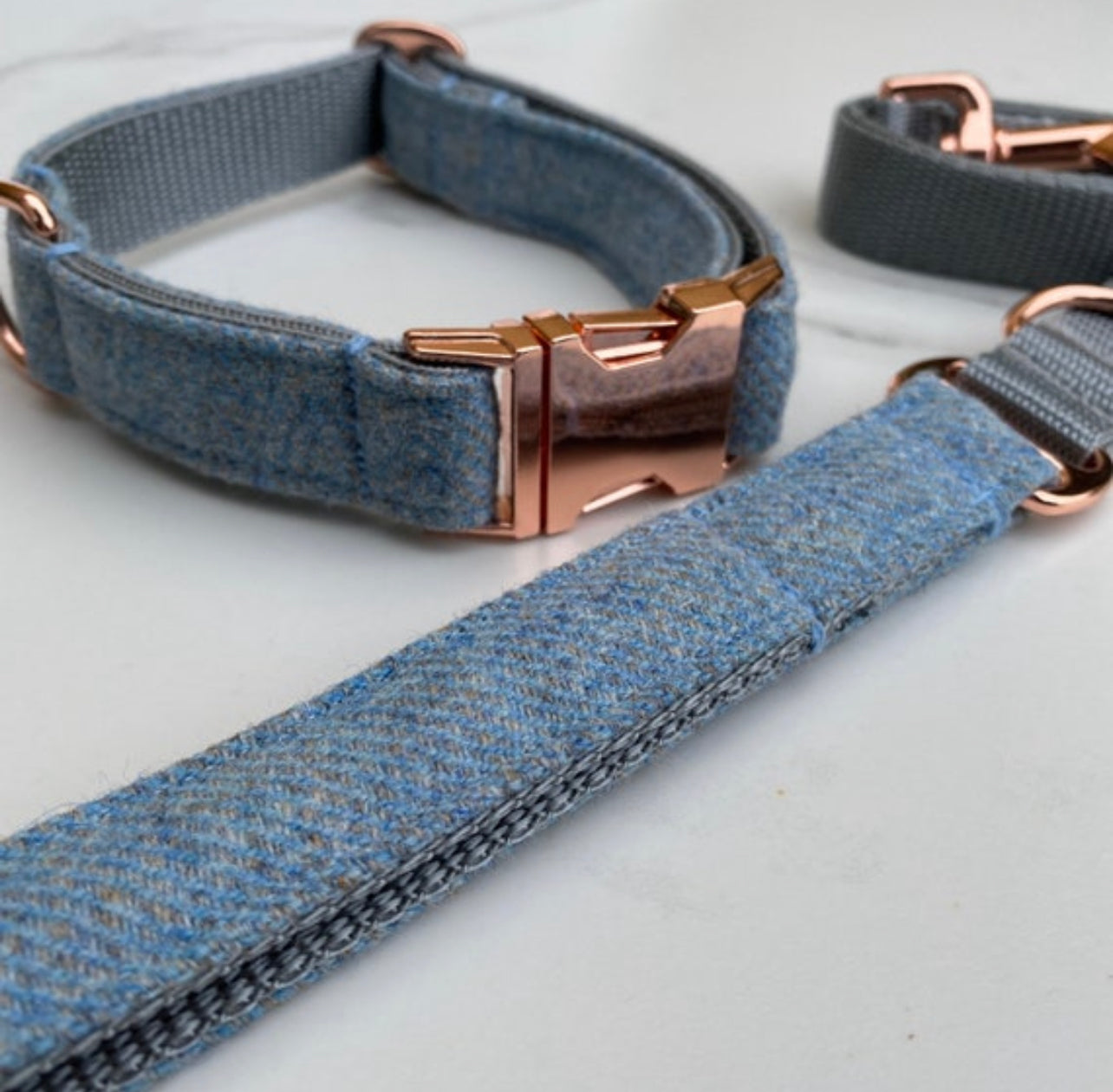 Baby Blue + Grey Tweed Dog Collar Bow & Lead Set Hunter & Co.