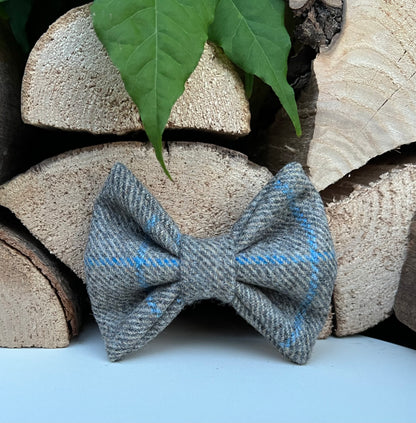 Soft Grey Blue Overcheck Tweed Dog Collar Bow & Lead Set Hunter & Co.