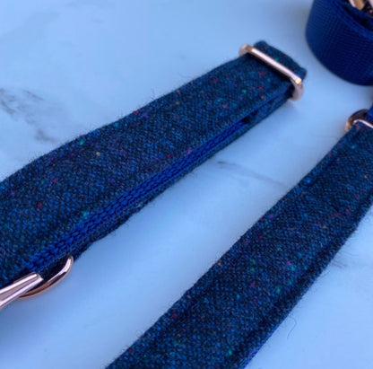 Cosmic Navy Blue Tweed Dog Collar Bow & Lead Set Hunter & Co.