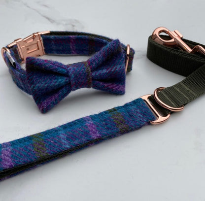 Harris Tweed® Blue Khaki Purple Dog Collar Bow & Lead Set Hunter & Co.