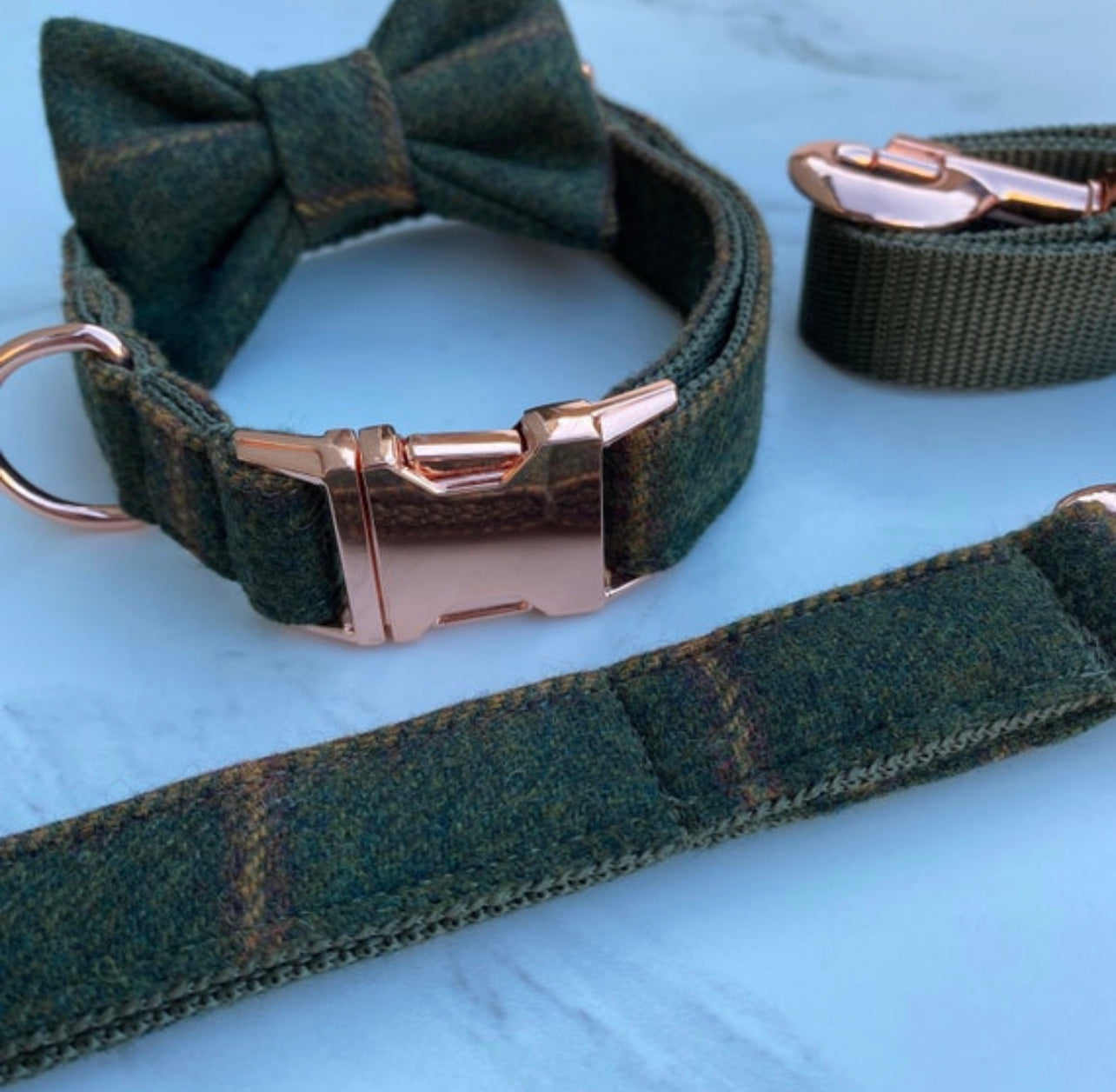 Green Tweed Dog Collar Bow & Lead Set Hunter & Co.