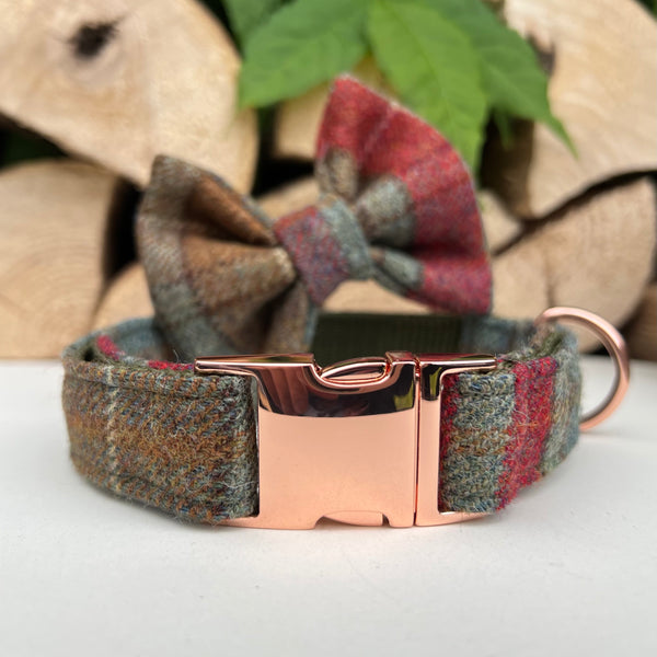 Autumn Khaki Tweed Dog Collar Bow & Lead Set Dash Of Hounds