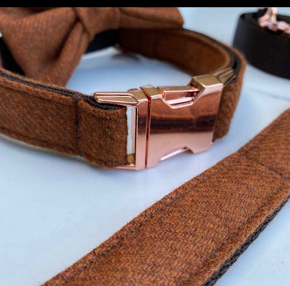 Gingerbread Tan Merino Lambswool Tweed Dog Collar Bow & Lead Set Dash Of Hounds