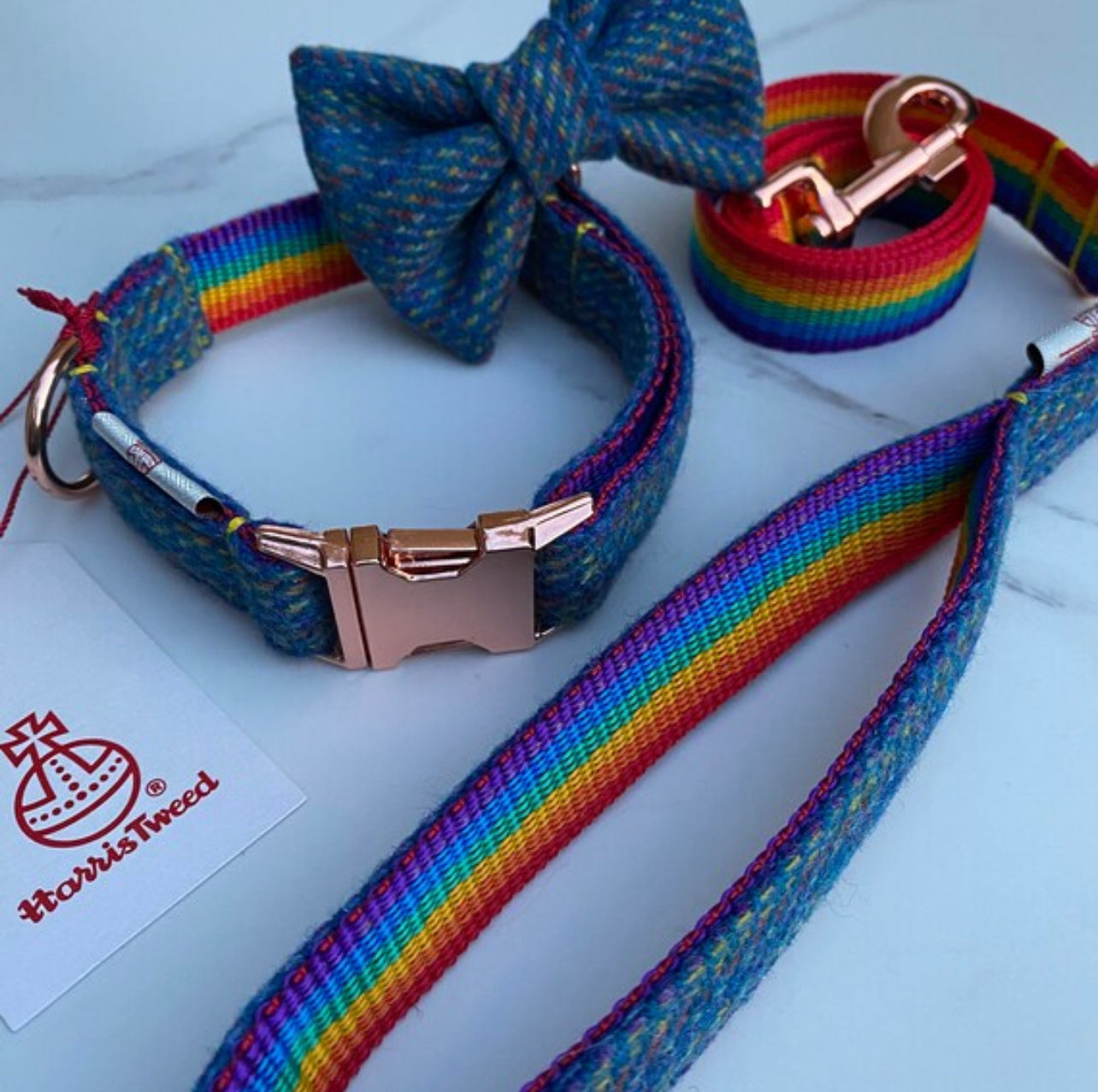 Harris Tweed® Rainbow Dog Collar Bow & Lead Set Hunter & Co.