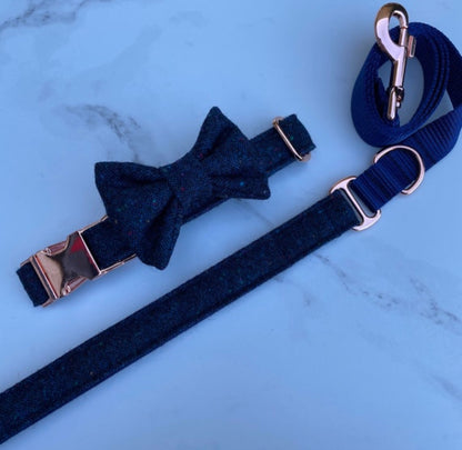 Cosmic Navy Blue Tweed Dog Collar Bow & Lead Set Hunter & Co.