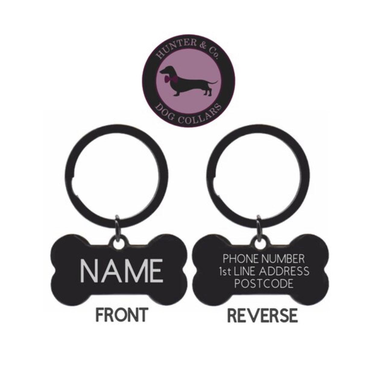 Bone Black Dog ID Tag | Premium Thick Engraved Steel | 4cm Dog Identification Tags Hunter & Co.