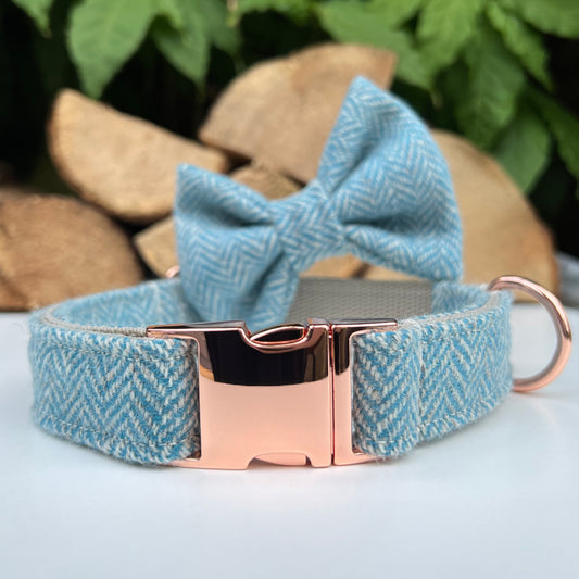 Turquoise Blue Tweed Dog Collar Bow & Lead Set Hunter & Co.