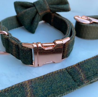 Green Tweed Dog Collar Bow & Lead Set Hunter & Co.