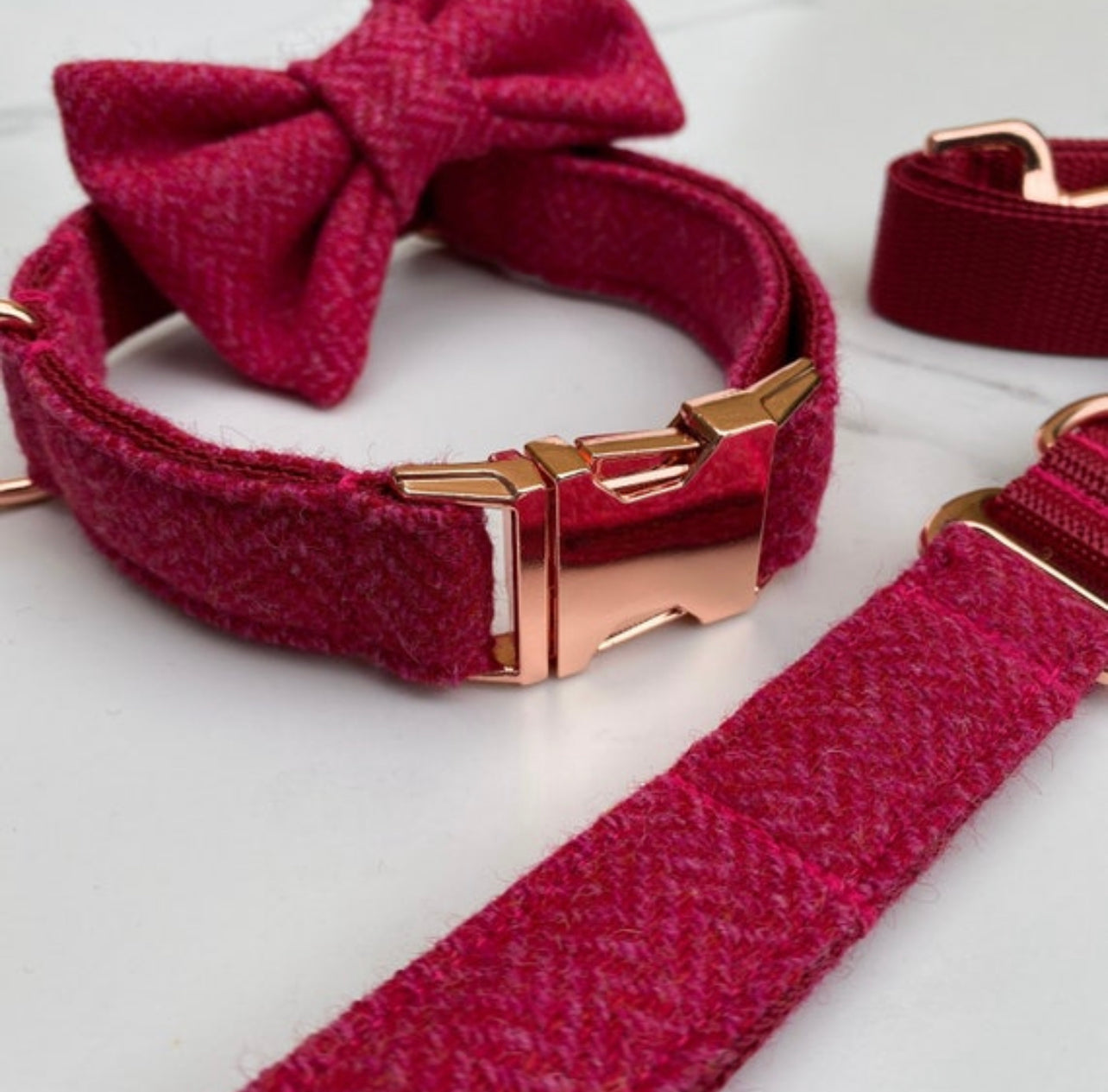 Candy Pink Red Tweed Dog Collar Bow & Lead Set Hunter & Co.