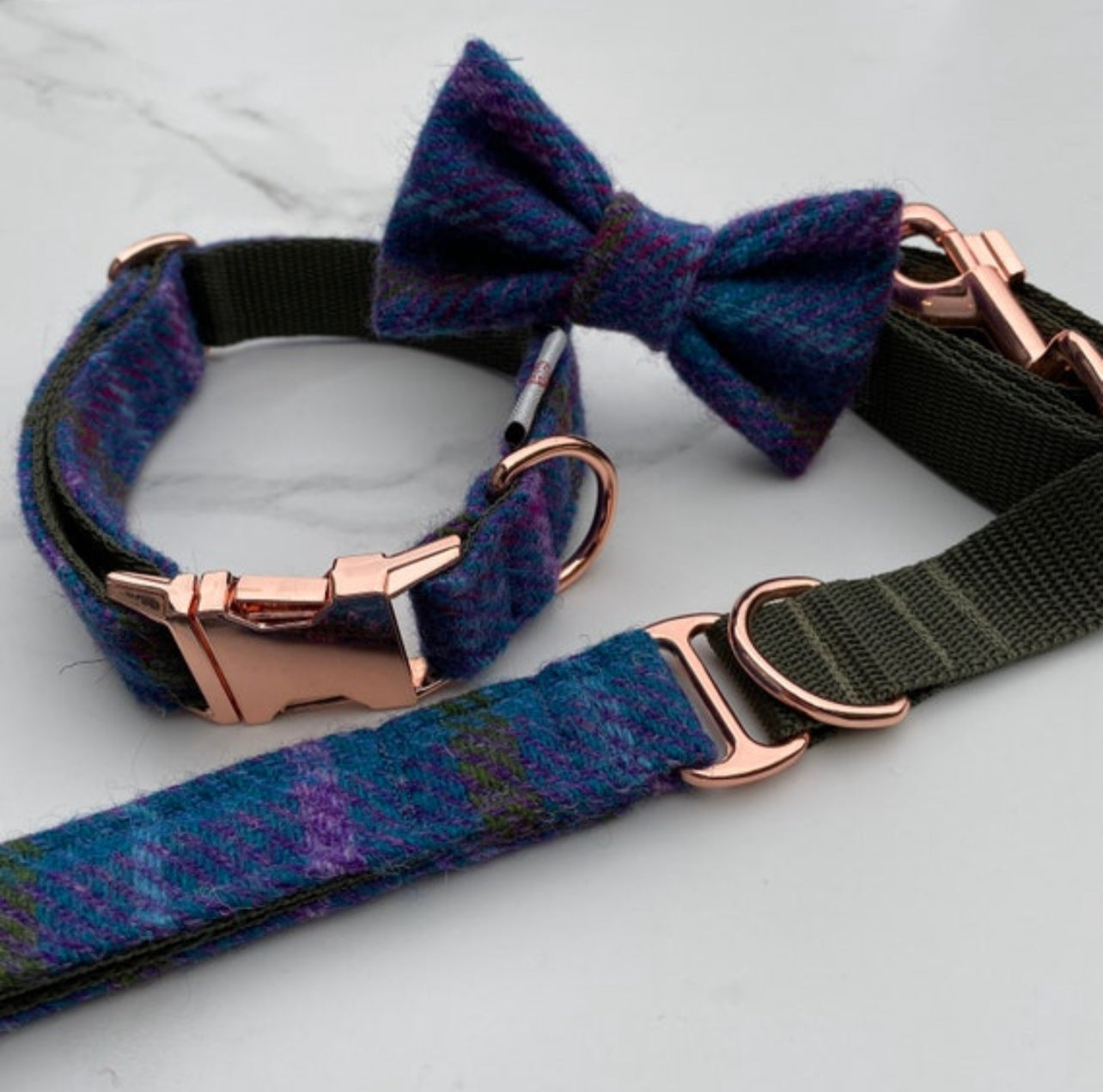 Harris Tweed® Blue Khaki Purple Dog Collar Bow & Lead Set Hunter & Co.