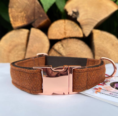 Gingerbread Tan Merino Lambswool Tweed Dog Collar Bow & Lead Set Dash Of Hounds