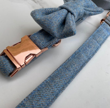 Baby Blue + Grey Tweed Dog Collar Bow & Lead Set Hunter & Co.