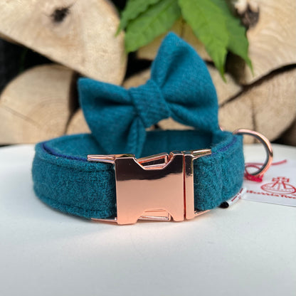 Harris Tweed® Turquoise Aqua Blue herringbone Dog Collar Bow & Lead Set Hunter & Co.