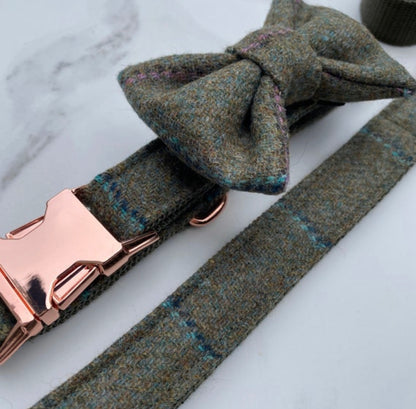 Green Blue Pink Tweed Dog Collar Bow & Lead Set Hunter & Co.