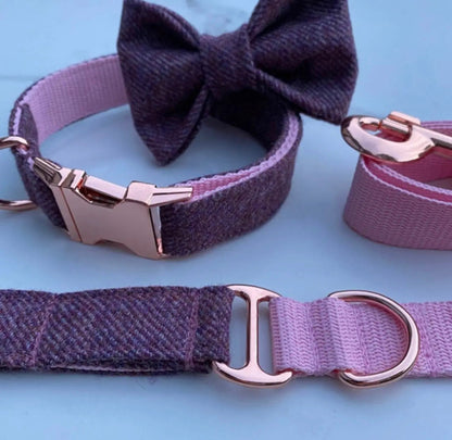 Amethyst Pink Tweed Dog Collar Bow & Lead Set Hunter & Co.