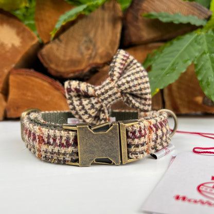 Harris Tweed® Khaki Green Dogtooth Dog Collar Bow & Lead Set Hunter & Co.