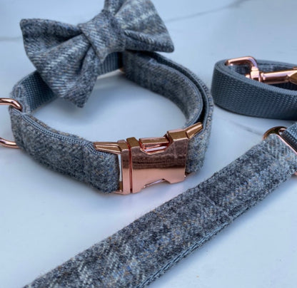 Grey Plaid Tweed Dog Collar Bow & Lead Set Hunter & Co.